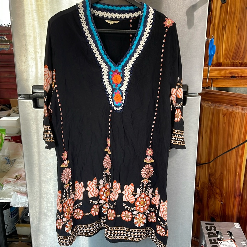 Anandas 100%Rayon knee length dress with crocheted collar & accents women sz XL